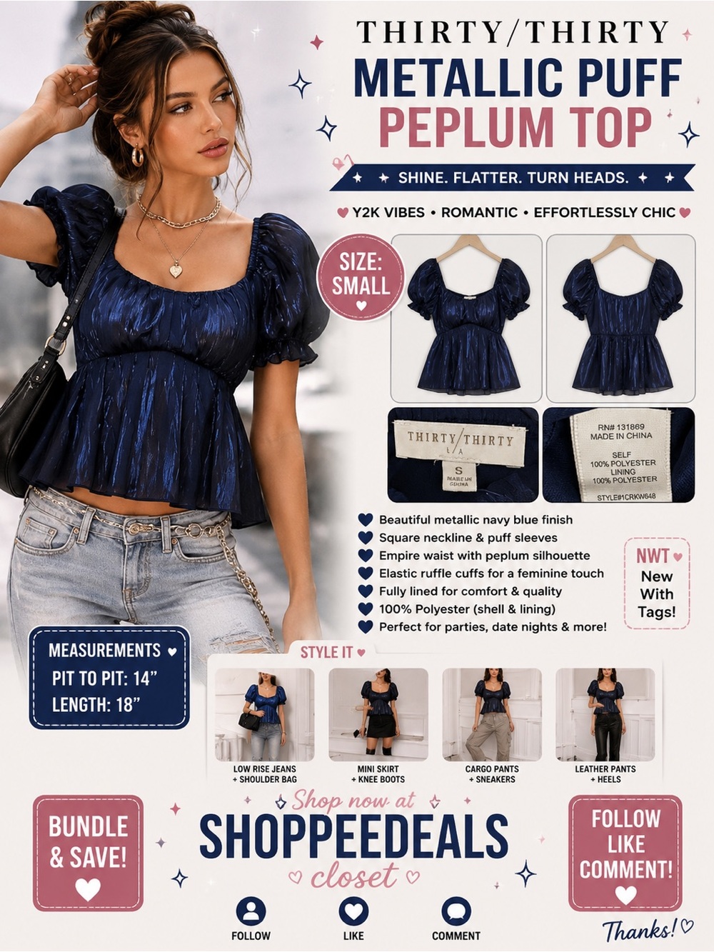 Thirty Thirty Navy Blue Metallic Puff Sleeve Peplum Top – Women’s Medium – NWT